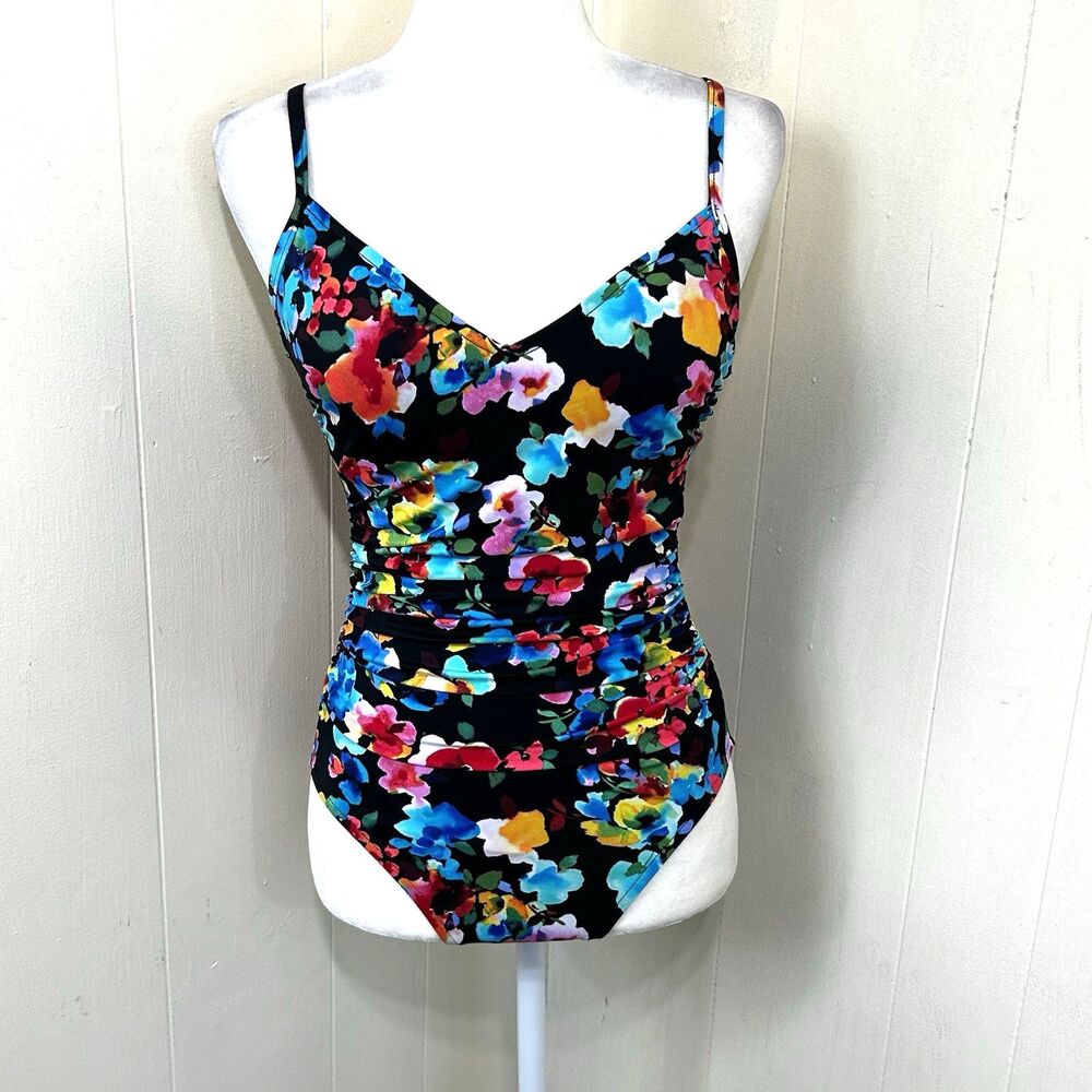 Aqua Green One Piece Swimsuit Size S Black Colorful Floral Print Shelf Bra NWOT